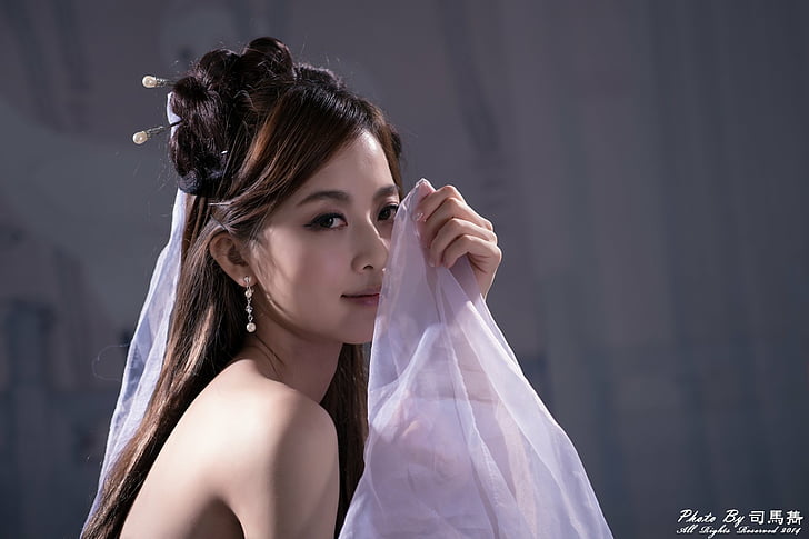Modeller, Mikako Zhang Kaijie, asiatiska, kinesiska, örhängen, hårklänning, hårnål, leende, taiwanesiska, HD tapet