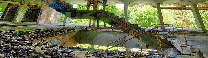 escalera de hormigón gris, pantalla múltiple, abandonada, ruina, Fondo de pantalla HD