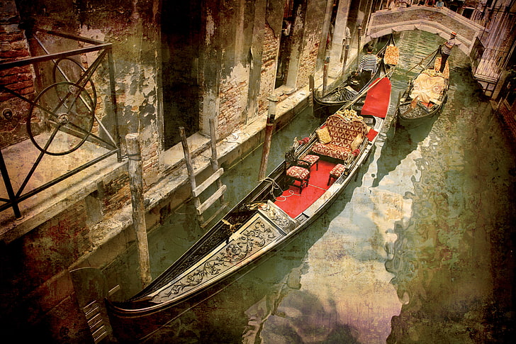 black and red wooden gondola boat, Italy, Venice, channel, the bridge, gondola, grunge, HD wallpaper