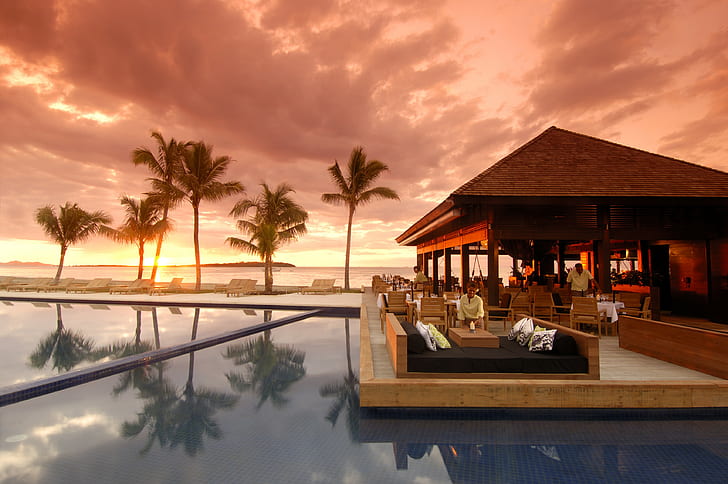 palmeras, piscina, resort, puesta de sol, restaurante, mar, Fondo de pantalla HD