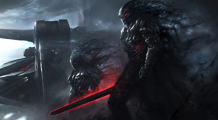 Monster, das Schwerttapete, digitale Kunst, Grafik, Science Fiction, Schwert hält, HD-Hintergrundbild