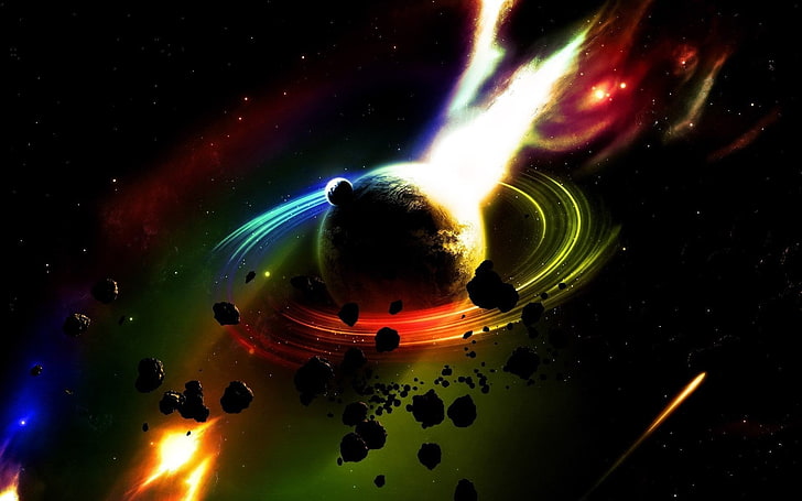 seni digital ruang cgi semesta planet bintang meteor ledakan berwarna-warni, Wallpaper HD