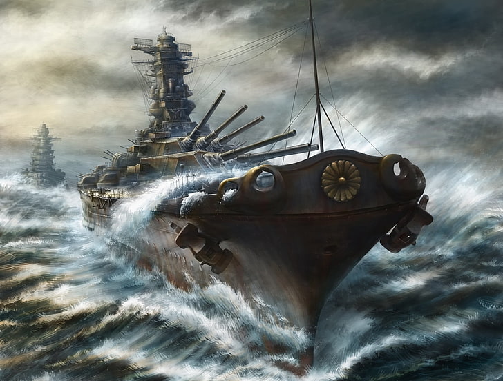 brown battleship painting, sea, paint, ships, storm, gun, art, battleship, cruiser, kashi takahisa, HD wallpaper
