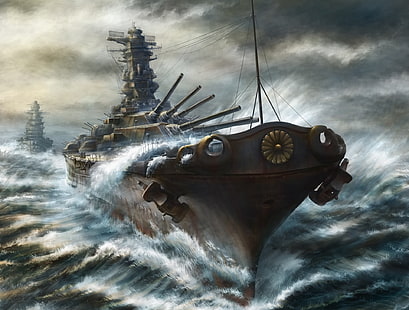 brown battleship painting, sea, paint, ships, storm, gun, art, battleship, cruiser, kashi takahisa, HD wallpaper HD wallpaper
