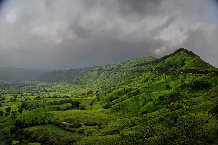 fotografi gunung hijau, fotografi, gunung hijau, Monsun, Maharashtra, India, Pantai Konkan, alam, gunung, bukit, lanskap, Warna hijau, di luar ruangan, pemandangan, Adegan pedesaan, pertanian, Wallpaper HD