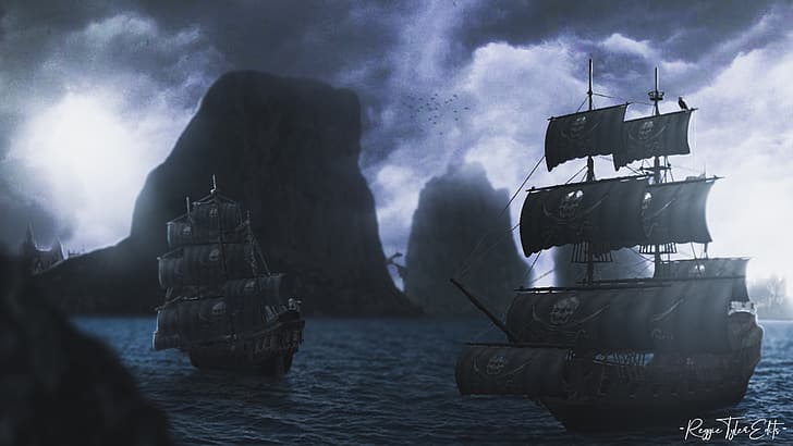 piratas, cadena montañosa, barco pirata, Photoshop, obra de arte, oscuro, Fondo de pantalla HD