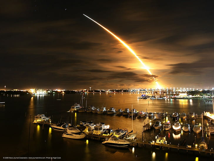 ракета, ночь, лодка, гавань, HD обои