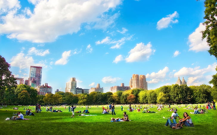 Printemps à New York, parc, personnes, herbe, loisirs, ciel, joie, Fond d'écran HD