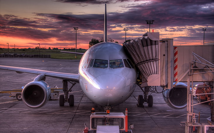 aeroplano grigio, aereo, aviazione, cielo, tramonto, Sfondo HD