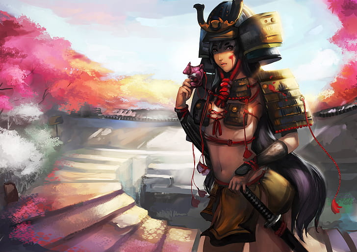 baju besi, gadis, katana, topeng, cat, samurai, pedang, prajurit, prajurit, Wallpaper HD