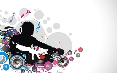 Schalten Sie die Musik ein, DJ mit musikalischen Kritzeleien Wallpaper, Musik, drehen, HD-Hintergrundbild HD wallpaper