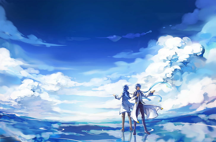 blue, clouds, feng, hair, kaito, male, scarf, scenic, sky, vocaloid, water, you, HD wallpaper