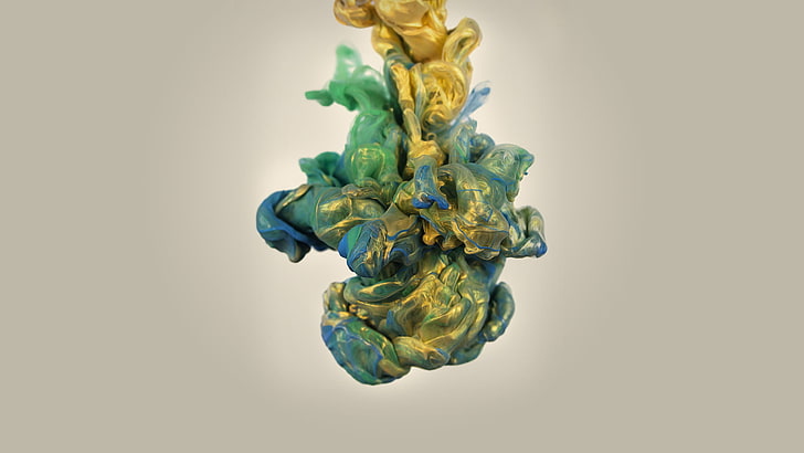 желтый, синий и зеленый дым, чернила, вода, живопись, Альберто Севезо, краска в воде, жидкость, произведение искусства, HD обои