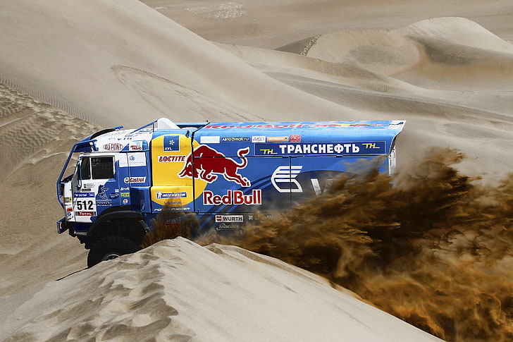 blue and white Red Bull truck, desert, truck, rally, KAMAZ, Paris-Dakar, KAMAZ-master, HD wallpaper