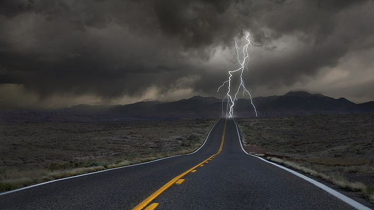 gray and orange road, freeway struck by lightning, clouds, desert, hills, road, lightning, valley, nature, landscape, storm, horizon, dark, mountains, field, grass, fence, HD wallpaper