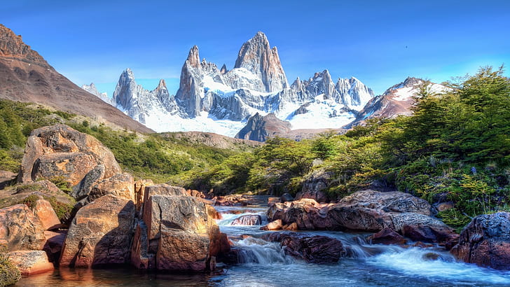 naturaleza, HDR, paisaje, río, Fitz Roy, Argentina, Chile, montañas, cumbre, nieve, cian, cielo despejado, Fondo de pantalla HD