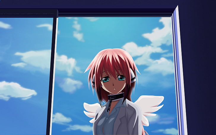 brown haired animated woman, girl, angel, wings, windows, sky, clouds, purity, sadness, chain, HD wallpaper
