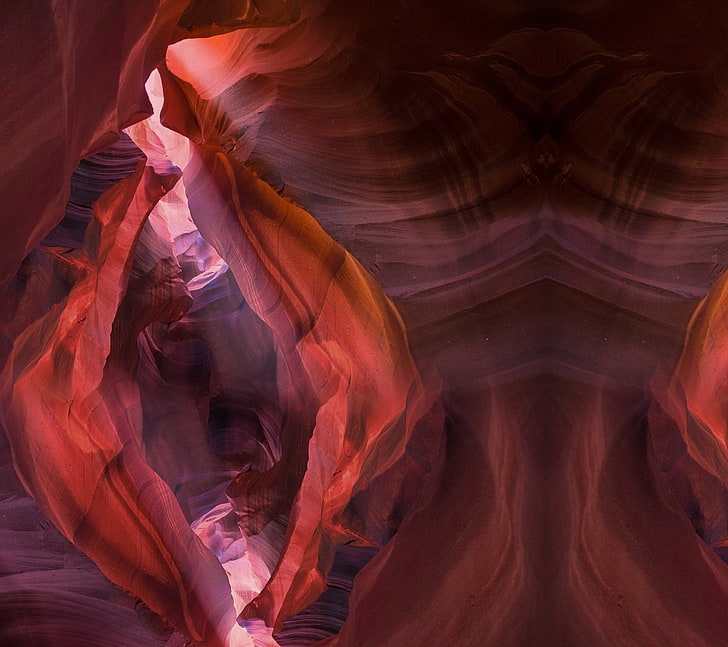 rock formation, sunlight, nature, canyon, Antelope Canyon, photo manipulation, mirrored, HD wallpaper
