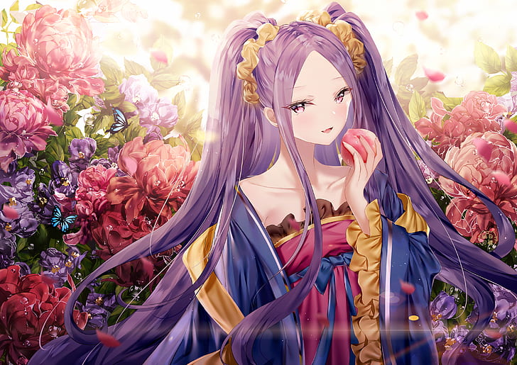 Série Fate, Fate / Grand Order, Fleur, Fille, Cheveux longs, Yeux roses, Cheveux violets, Wu Zetian (Fate / Grand Order), Fond d'écran HD