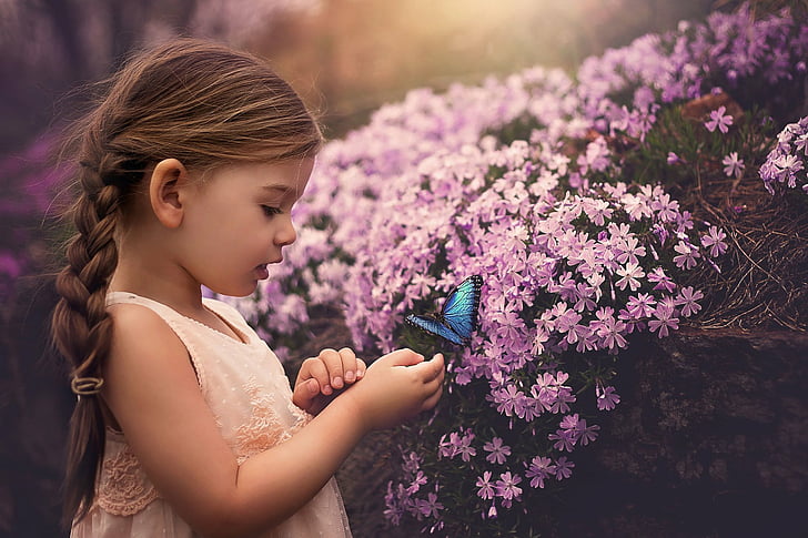 Fotografie, Kind, Zopf, Schmetterling, Niedlich, Blume, Mädchen, Kleines Mädchen, Rosa Blume, HD-Hintergrundbild