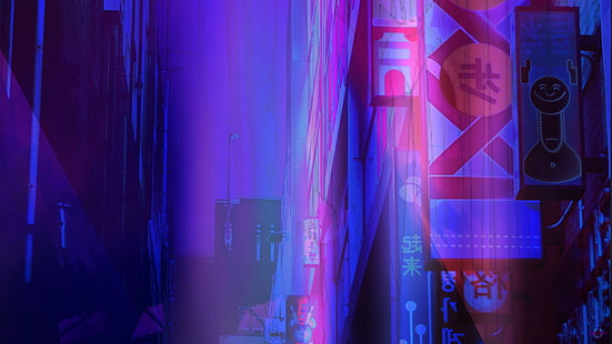 Fi Sci, Cyberpunk, Biru, Neon, Ungu, Wallpaper HD HD wallpaper