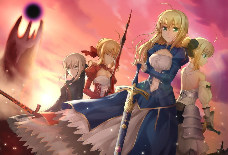 alter, blondes, closed, codes, dress, extra, eyes, fate, fate extra, fate stay, green, hair, lily, night, ornaments, ribbons, saber, series, swords, unlimited, weapons, yellow, HD wallpaper