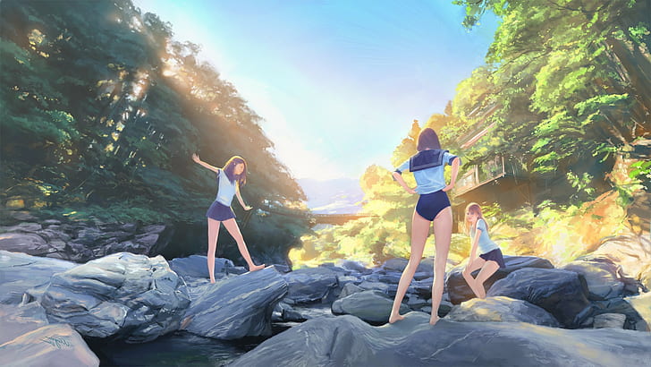 schoolgirls original characters river school swimsuits school uniform rock bridge, HD wallpaper