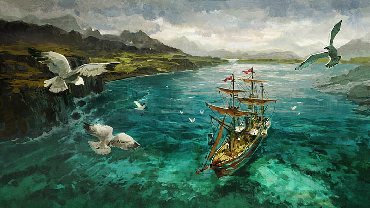 Anno 1800 ، عمل فني ، مفهوم فني ، سفينة ، سفينة شراعية ، مياه ، طيور، خلفية HD