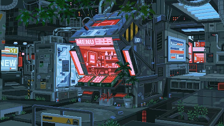 waneella, pixel art, cyberpunk, cidade, plantas, luzes, HD papel de parede