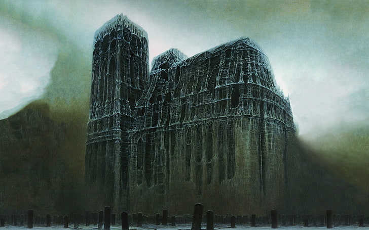 Zdzisław Beksiński, artwork, cathedral, architecture, painting, gloomy, old building, classic art, Polish, HD wallpaper