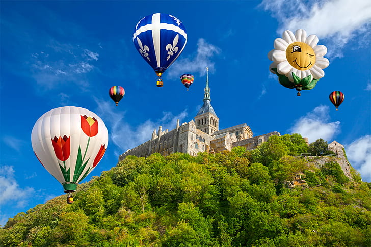 selektywna fotografia ostrości latających balonów na ogrzane powietrze na szczycie brązowego zamku, mont saint-michel, mont saint-michel, balony na ogrzane powietrze, Mont Saint-Michel, selektywne ogniskowanie, fotografia, na górze, brązowy, zamek, balony na ogrzane powietrze, mont Saint-Michel, niebo, Chmura, chmury, piękno, piękny, obiekty, tło, szybować, scena, sceniczny, sceneria, dom, budynek, punkt orientacyjny, architektura, struktura, podróżować, turystyka, turystyczny, Francja, francuski, Normandia, Góra Świętej michel, st-michel, stary, starożytny, średniowieczny, pomnik, twierdza, fort, epicki, europa, klasyczny, wieża, fantastyczny, fantastyczny, bajkowy, opowieść, legendarny, kolor, kolory, kolorowy, kolorowy, manipulacja fotograficzna, zapas, zasób, obraz, zdjęcie, fotografia, obraz, ca, balon na gorące powietrze, latający, przygoda, kosz, powietrze, na dworze, transport, wielokolorowy, pojazd powietrzny, podróż, ciepło - temperatura, Tapety HD