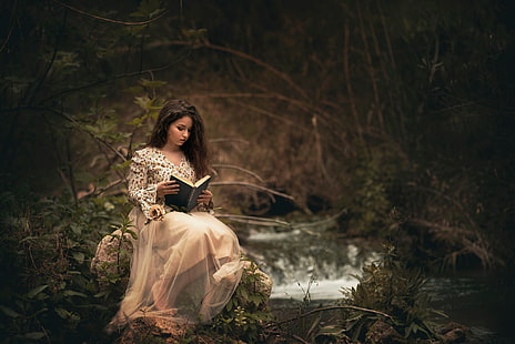 floresta, garota, livro, leitura, Carmen Gabaldon, HD papel de parede HD wallpaper