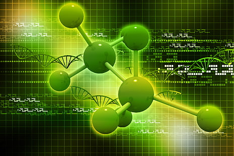 ilustrasi atom hijau, abstraksi, latar belakang, sel, struktur, molekul, atom, Wallpaper HD HD wallpaper