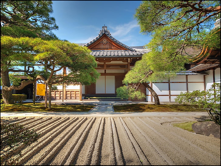 white and brown temple, landscape, zen, HD wallpaper