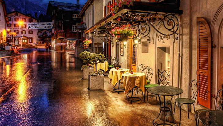 town, night, reflection, street, alley, lighting, evening, bar, restaurant, window, switzerland, zermatt, romantic, hotel, HD wallpaper