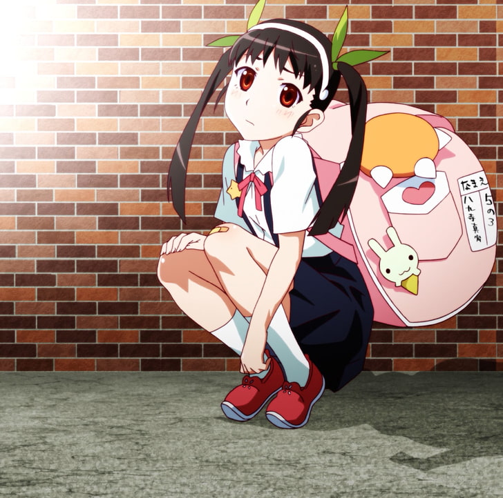 аниме, аниме момичета, бяла кожа, Monogatari Series, Hachikuji Mayoi, училищна униформа, двойни опашки, тъмна коса, брюнетка, HD тапет