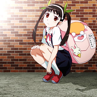 аниме, аниме девушки, белая кожа, Monogatari Series, Hachikuji Mayoi, школьная форма, два хвостика, темные волосы, брюнетка, HD обои HD wallpaper