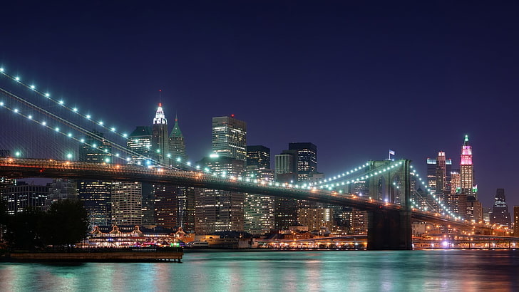 Manhattan Bridge, New York, ponte, notte, Sfondo HD