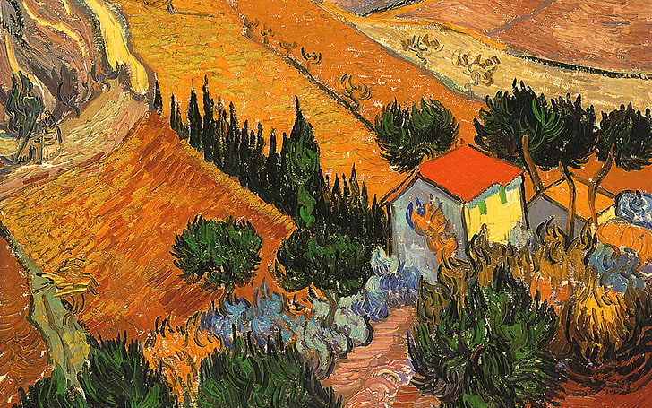 obra de arte de la casa azul y amarilla, campo, árboles, paisaje, casa, imagen, Vincent Van Gogh, Fondo de pantalla HD