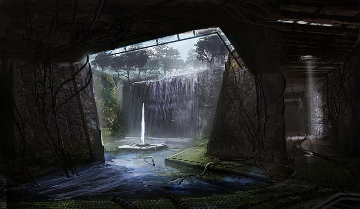 wodospady cyfrowe dzieła sztuki, apokaliptyczne, futurystyczne, Tapety HD