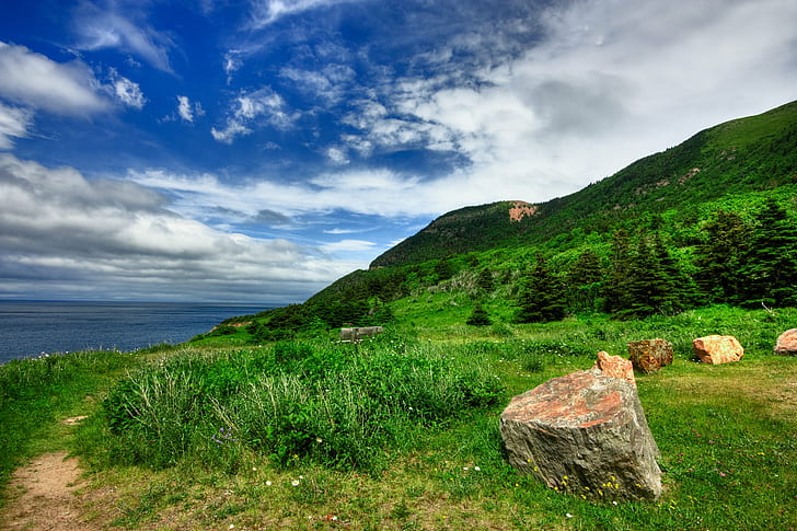 grass covered mountain under blue sky, Cabot Trail, HDR, grass, covered, mountain, cabot  trail, cape  breton  nova  scotia, canada, canadian, landscape, nature, scene, scenic, scenery, cloud, clouds, overcast, sea  water, ocean, coastal, coast, high  dynamic  range, white, black  blue, cyan, wide  angle, tranquil, calm, tree, stock  photo, photograph, picture, image, resource, composite, sky, color, colors, colour, colorful, vivid, day, rock - Object, outdoors, summer, cloud - Sky, scenics, uK, HD wallpaper