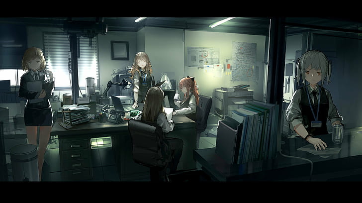 trabalhadores anime meninas escritório, HD papel de parede