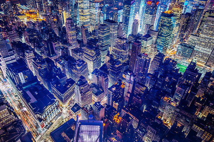 въздушна фотография на сгради, град, сграда, светлини, нощ, Бродуей, HD тапет