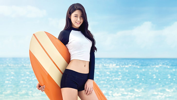 brown and beige surfboard, K-pop, Seolhyun, AOA, crop top, surfboards, women, HD wallpaper