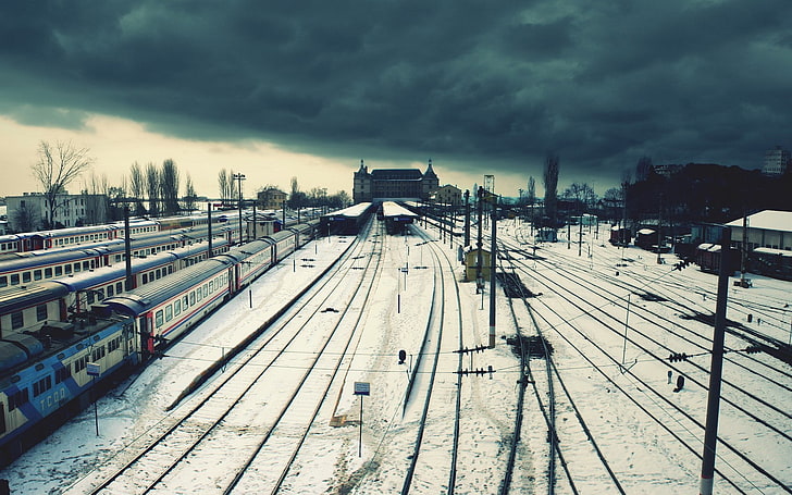 Стамбул, Турция, вокзал Хайдарпаша, снег, вокзал, поезд, зима, небо, железная дорога, транспортное средство, темно, HD обои