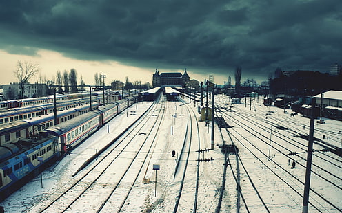 Стамбул, Турция, вокзал Хайдарпаша, снег, вокзал, поезд, зима, небо, железная дорога, транспортное средство, темно, HD обои HD wallpaper