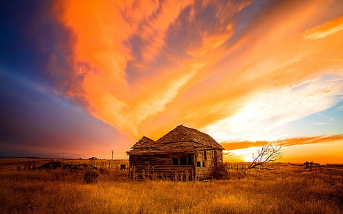 campo, casa, naturaleza, paisaje, puesta, sol, HD-Hintergrundbild HD wallpaper