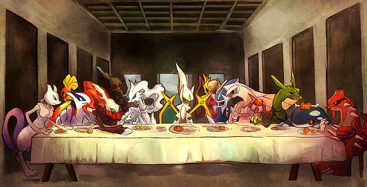 The Last Supper Pokemon digital wallpaper, Pokémon, Rayquaza, Arceus, Mewtwo, Ho-Oh, Lugia, Darkrai, Zekrom, Reshiram, kyogre, Groudon, Palkia, Dialga, Giratina, The Last Supper, HD wallpaper