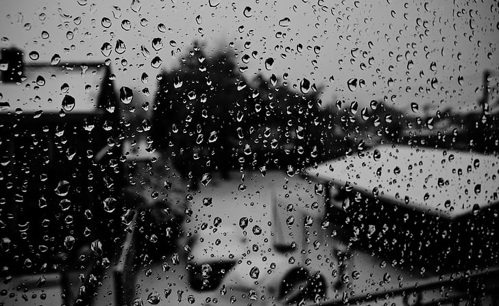 Gocce di pioggia invernali, umidità dell'acqua, bianco e nero, inverno, freddo, buio, pioggia, gocce di pioggia, monocromatico, Sfondo HD