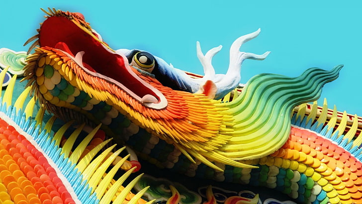 dragão, colorido, dragão chinês, templo, organismo, trabalho artístico, criatura mítica, escultura, arte, HD papel de parede